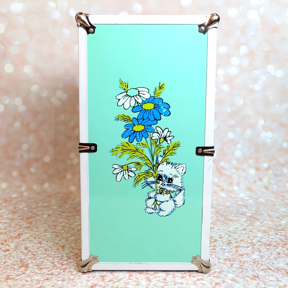 Vintage 1950's Mid Mod Kitten Flower Mint Green Kitschy Steamer Latch Doll Trunk